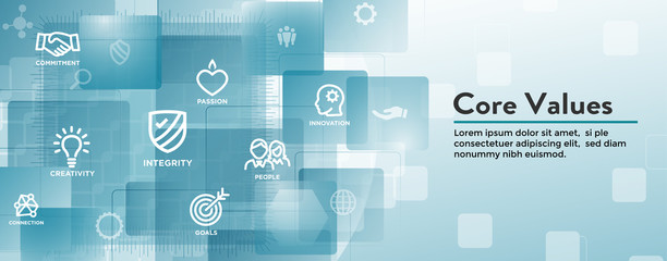 Core Values Outline Icon w person and collaborating / thinking ideas web banner header