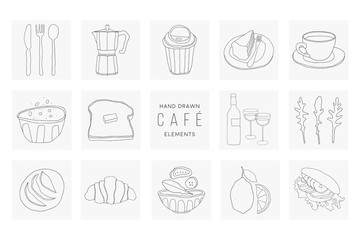 Set of hand drawn vector cafe elements. Contour food and drink illustrations