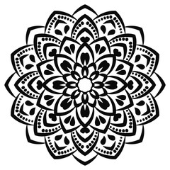 Ornamental round doodle flower isolated on white background. Black outline mandala. Geometric circle element. Vector illustration.
