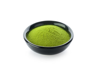 powdered matcha green tea in bowl, isolated on white background