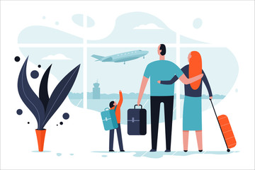 Family in the airport terminal with luggage. Passengers and travel vector cartoon flat concept illustration.