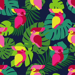 Fototapeta na wymiar Seamless background with decorative parrots. Birds in the sky. Textile rapport.