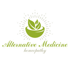 Mortar and pestle graphic vector symbol composed with green leaves. Homeopathy creative logo for use in medicine, rehabilitation or pharmacology.
