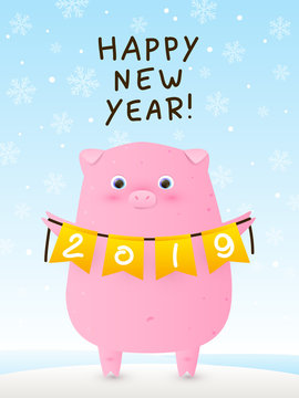 Greeting card with cute pig - a symbol of the New Year 2019