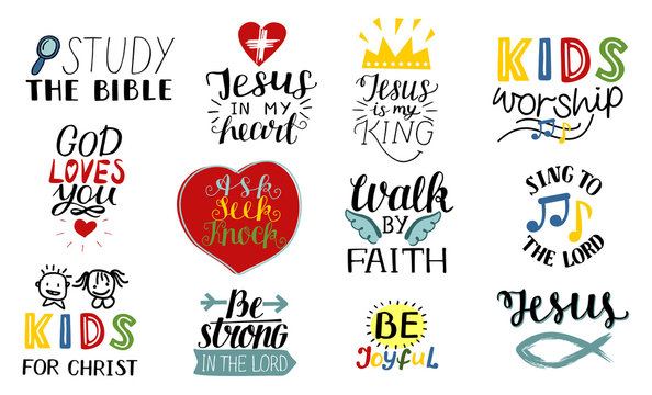 Set Of 12 Hand Lettering Christian Quotes Jesus Is My King, Study The Bible, Walk By Faith, Kids Ministry, Sing To The Lord, Be Joyful, Strong, Worship .