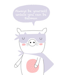 Vector postcard with line drawing superhero pig with cool slogan