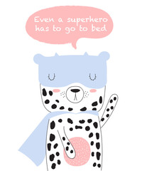 Vector postcard with line drawing superhero leopard with cool slogan