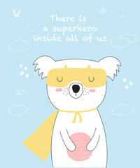 Vector postcard with line drawing superhero koala with cool slogan © Alexandra