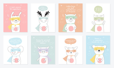 Vector postcard collection with superhero animals and cool slogan