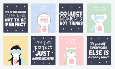 Vector postcard collection with superhero animals and cool slogan