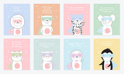 Vector postcard collection with superhero animals and cool slogan