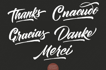 Set of vector grunge hand drawn lettering Thanks in different languages. Elegant modern handwritten calligraphy with thankful quote. Dark typography poster. For cards, invitations, prints etc