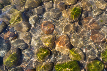 Pebbles and sand in water
