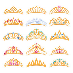 Set of beautyful golden tiaras with gemstones. - obrazy, fototapety, plakaty