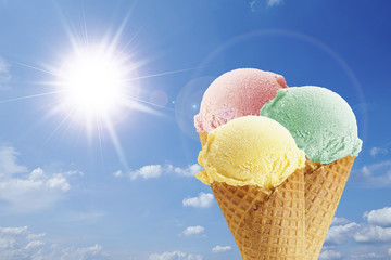 Eiskugeln in der Waffel bei brütender Hitze
