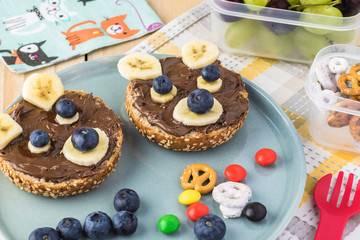 School lunch chocolate spread banana blueberry sandwich for kids.