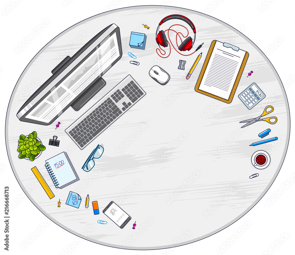 Fototapete work desk workspace top view with pc computer and a lot of different stationery objects on table wit