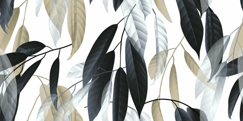 Nahtloses Muster, schwarze, goldene und weiße lange Blätter auf hellgrauem Hintergrund