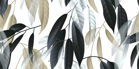 Gordijnen Naadloos patroon, zwarte, gouden en witte lange bladeren op lichtgrijze achtergrond © momosama