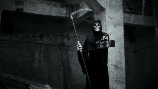 death with a scythe raises a sign with the inscription yes or no