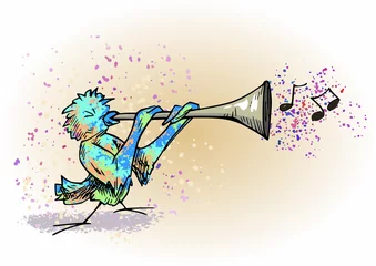 Tapeten Vogel blaast op toeter, feest met confetti en muziek © emieldelange