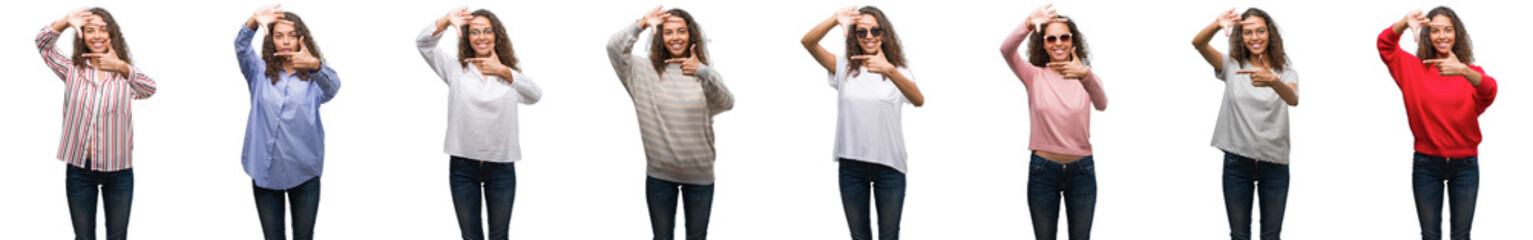 Composition of young brazilian woman isolated over white background smiling making frame with hands and fingers with happy face. Creativity and photography concept.