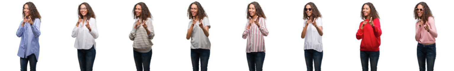 Composition of young brazilian woman isolated over white background pointing fingers to camera with happy and funny face. Good energy and vibes.