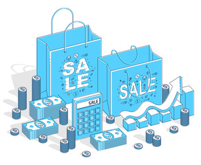 Obraz na płótnie Canvas Big Sale concept, Retail, Sellout, Shopping Bag with cash money stacks and calculator isolated on white background. Vector 3d isometric business and finance illustration, thin line design.