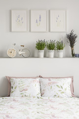 Close-up of pillows with flowers, plants and bike on the shelf, and graphics on the wall in a bright bedroom interior. Real photo