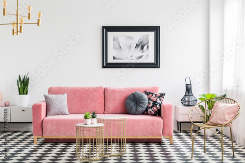 Glamour Living Room Interior With A Pink Sofa Golden