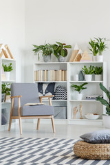 Pouf on patterned carpet in white living room interior with plants and wooden armchair. Real photo