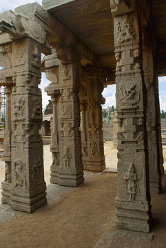 Carved pillars of the Kalyana Mandapa, Divine Marriage Hall, Achyuta Raya temple, Hampi, Karnataka. Sacred Center. Interior view from the north-east.