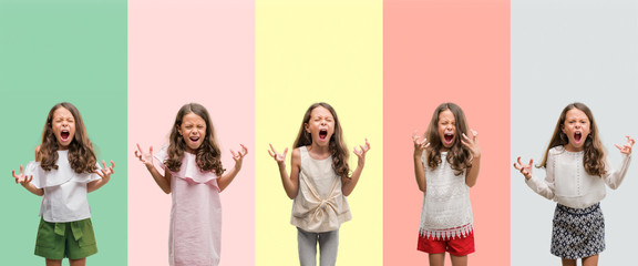 Collage of brunette hispanic girl wearing different outfits crazy and mad shouting and yelling with...