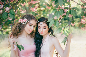Two amazing elves with a gentle spring makeup close-up. Blonde and brunette with long, healthy,...