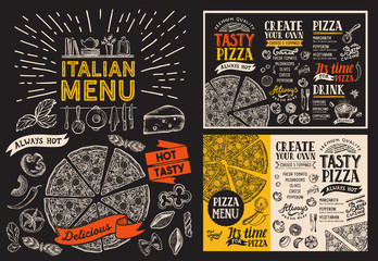 Pizza restaurant menu. Vector food flyer for bar and cafe. Design template with vintage hand-drawn illustrations on chalkboard. - 216673158