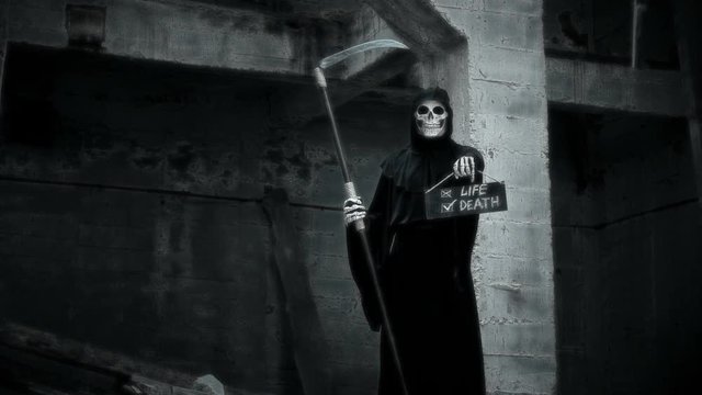 death with a scythe raises a sign with the inscription life or death