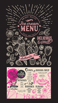 Ice cream menu for restaurant. Dessert food flyer for bar and cafe. Design template with vintage hand-drawn illustrations.