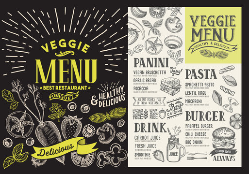 Veggie menu for restaurant. Vector food flyer for bar and cafe. Design template on blackboard with food hand-drawn graphic illustrations.