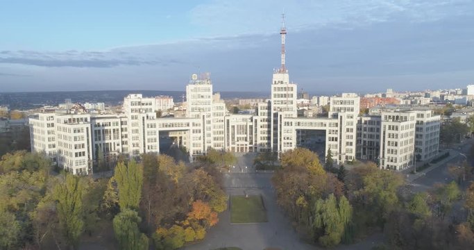 Drone shot of Kharkiv's Derzhprom, Ukraine