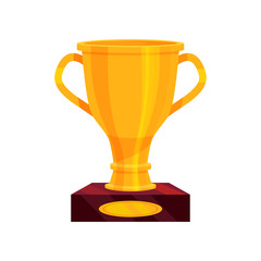 Large golden cup on brown base. Shiny prize for champion. Bright award for winner. Flat vector for mobile app or game