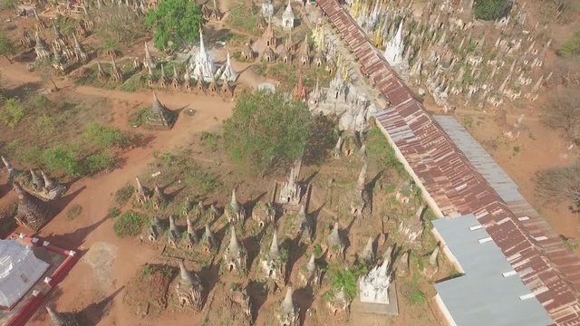 Drone shot: Group of Buddhist pagodas at Indein, Myanmar