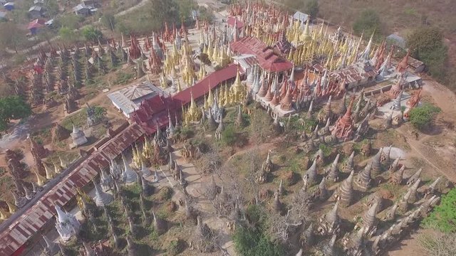 Drone shot: Group of Buddhist pagodas at Indein, Myanmar