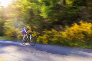 Obraz na płótnie Canvas Mountain biking women riding on bike in summer mountains forest landscape. Woman cycling MTB flow trail track. Outdoor sport activity.