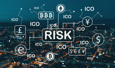 Cryptocurrency ICO risk theme with Downtown Los Angeles at night