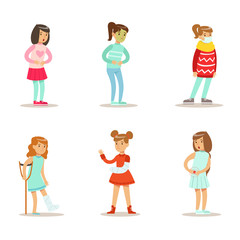 Sickness kids set, girls suffering from fracture, flu, abdominal pain vector Illustrations on a white background