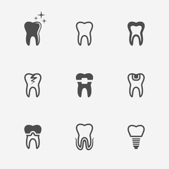 Tooth, teeth nine vector black medical icons