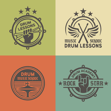 Drum school or academy vector colored emblems