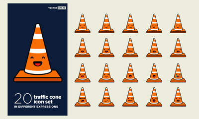 Set of Cute Traffic Cone Emoji Line Icons 