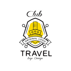 Fototapeta premium Travel club logo design, heraldic shield with ship, badge can be used for travel agency, sail club vector Illustration on a white background