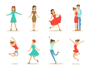 Fototapeta na wymiar Dancing people set, young women and couple dancing vector Illustrations on a white background